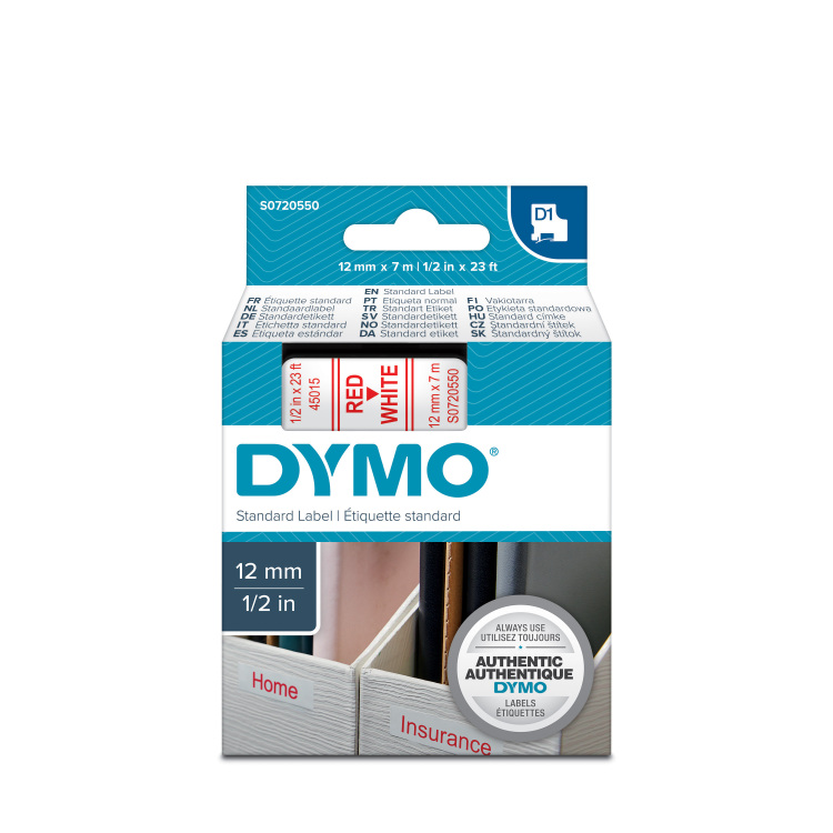 Dymo D1 standaardlabels rood op wit 12 x 7 mm printlint