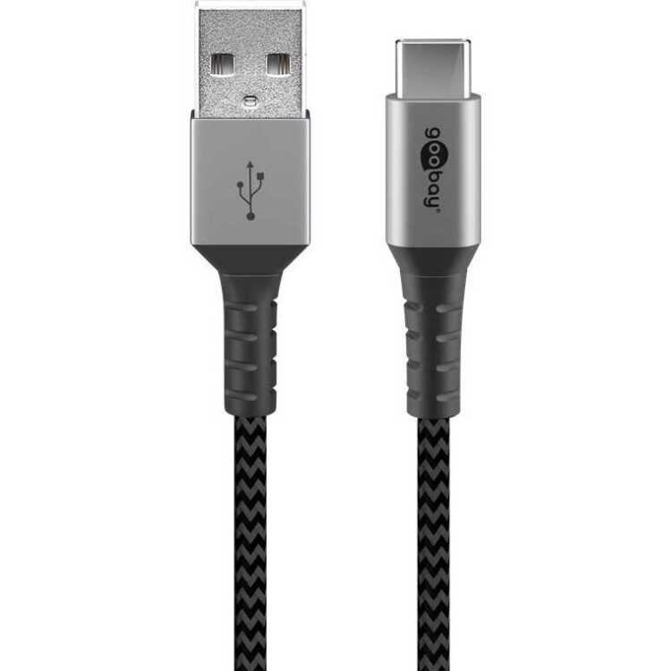 goobay USB-C > USB-A textielkabel met metalen aansluitingen