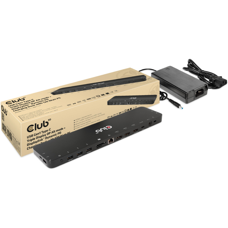 Club 3D USB Gen1 Type-C Triple Display DP Alt mode + Displaylink Dynamic PD Charging Dock + 120 Watt PS dockingstation