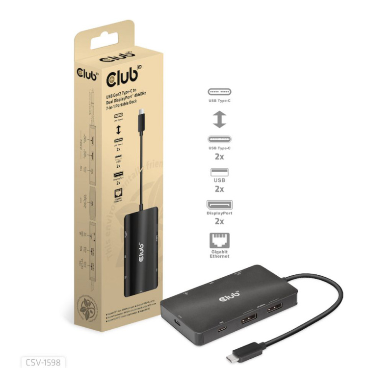 Club 3D USB-C 3.2 Gen2 naar Dual DisplayPort 4k60Hz 7-in-1 Portable Dock dockingstation