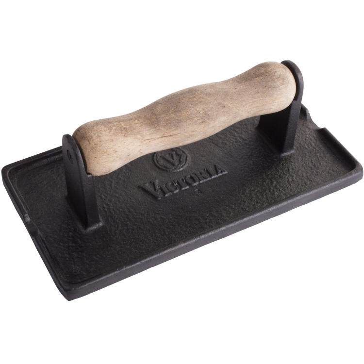 Victoria Gietijzeren bacon en vlees pers met houten handvat, seasoned