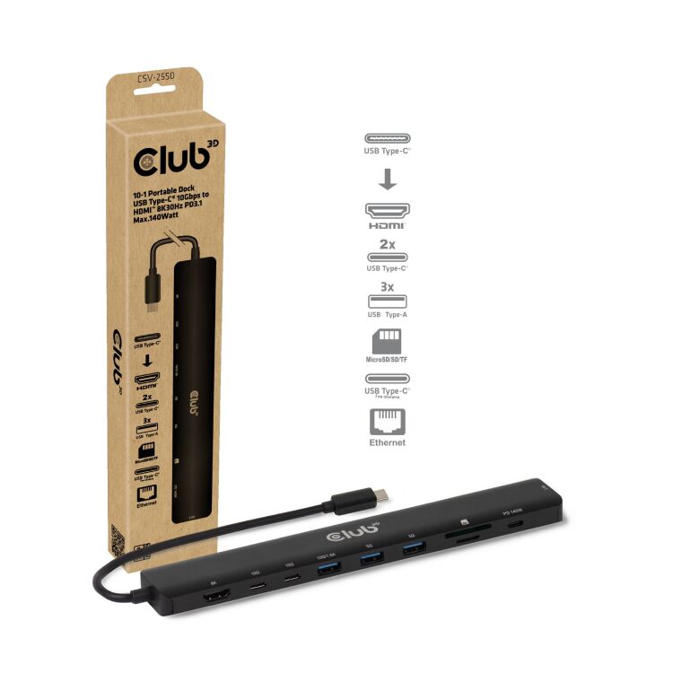 Club 3D 10-1 Portable Dock USB Type-C 10Gbps to HDMI 8K30Hz PD3.1 Max.140 Watt dockingstation