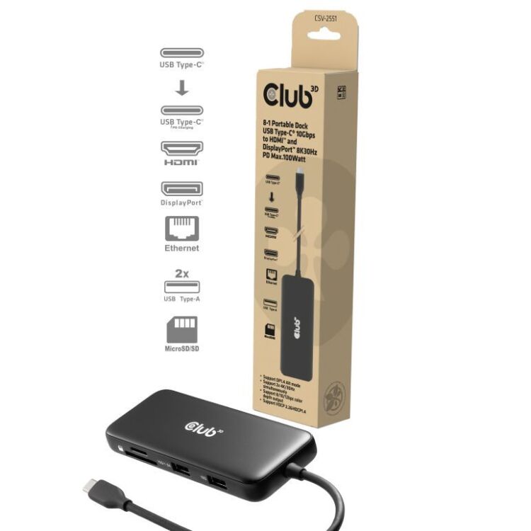 Club 3D 8-1 Portable Dock USB-C 10Gbps naar HDMI en DisplayPort dockingstation