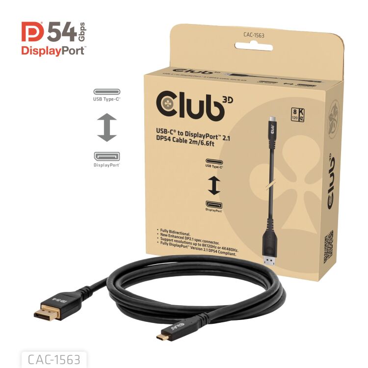 Club 3D USB-C naar DisplayPort 2.1 DP54 Bi-Directioneel kabel, 8K120Hz 2m