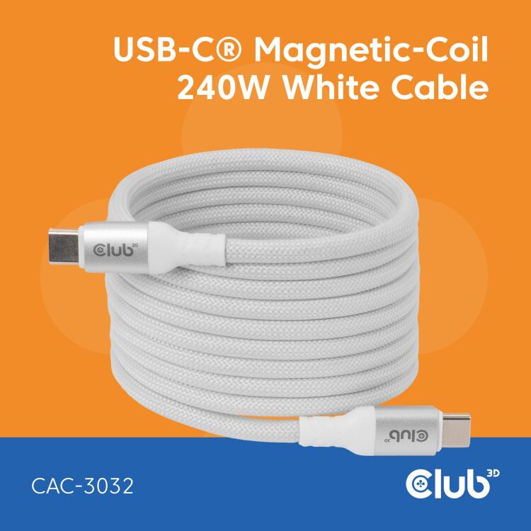Club 3D USB-C Magnetic-Coil 240W PD3.1 White Cable, 2 meter kabel