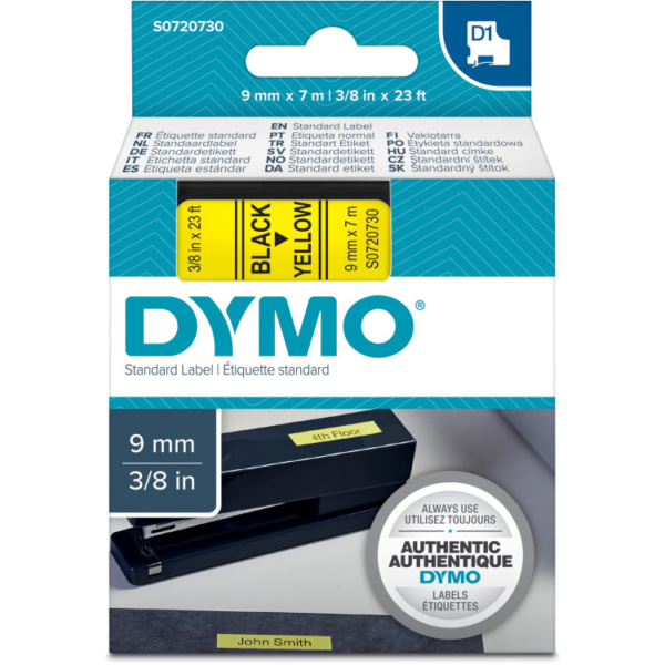 Dymo D1 standaardlabels zwart op geel, 9 mm x 7 m printlint
