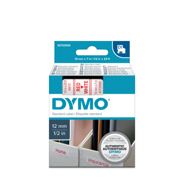 Dymo D1 standaardlabels rood op wit 12 x 7 mm printlint
