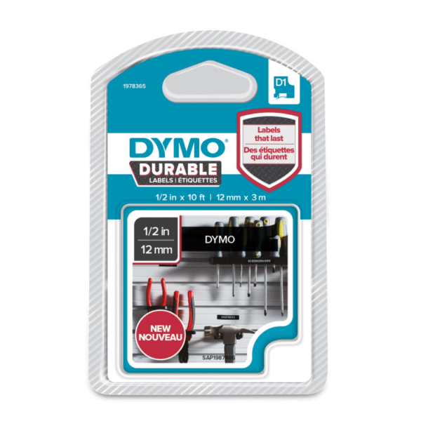Dymo D1 duurzame labels wit op zwart 12 mm x 3 m printlint