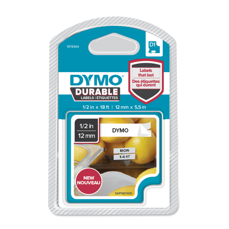 Dymo D1 duurzame labels zwart op wit 12 mm x 5,5 m printlint