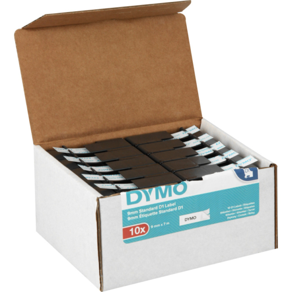 Dymo D1 tapecassette zwart op wit, 9mm x 7m printlint