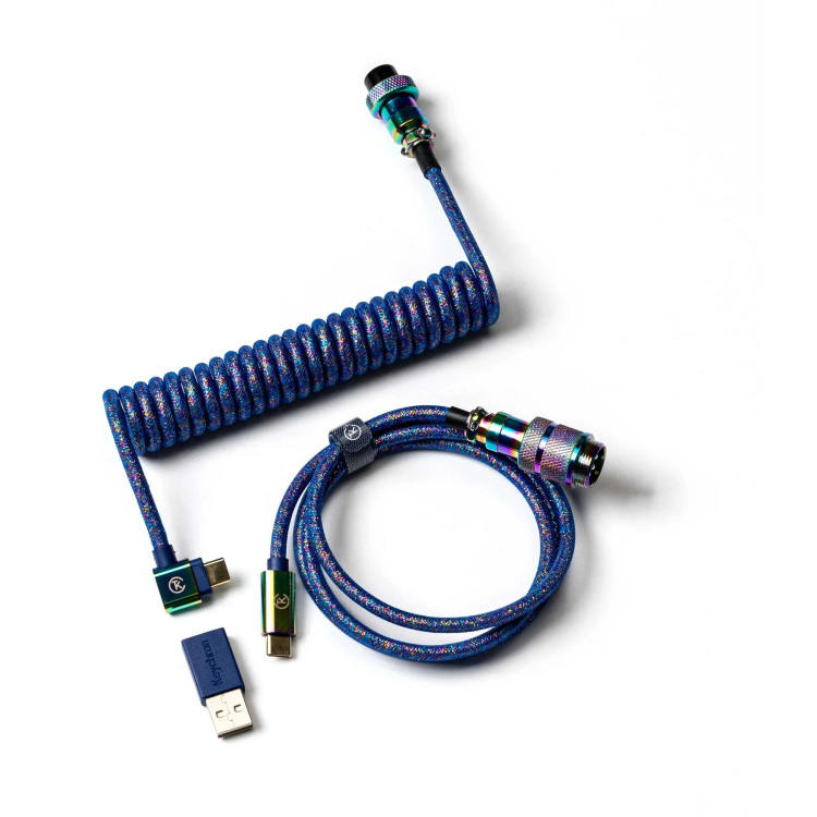 Keychron Premium Coiled Aviator Cable - Rainbow Plated Blue, Angled kabel
