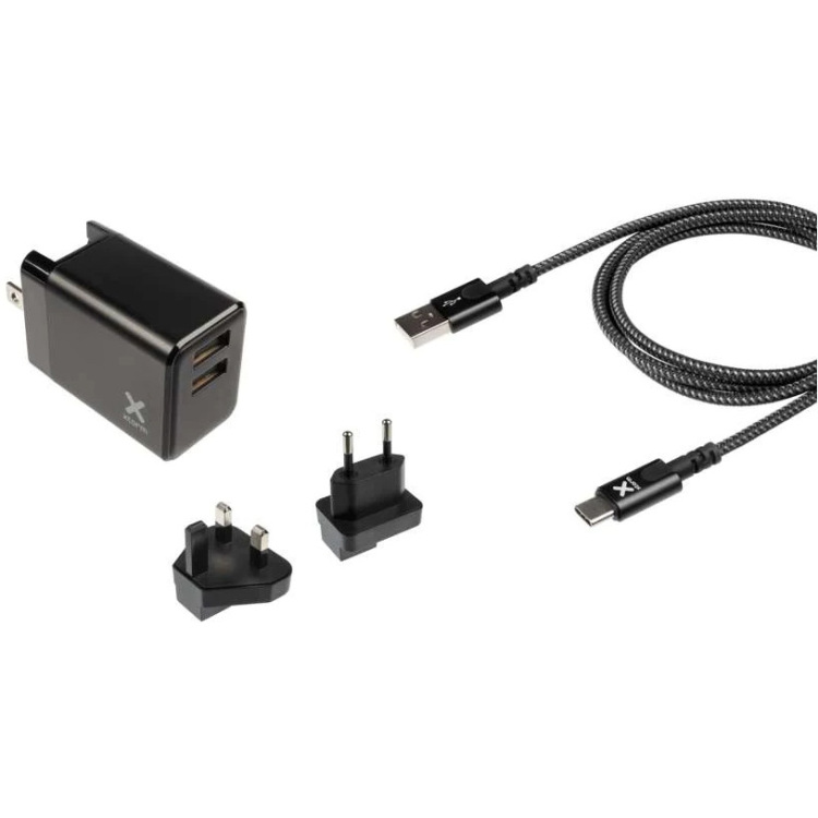 Xtorm Volt Reisstekker - EU/VK/VS naar 2xUSB + USB naar USB-C kabel oplader