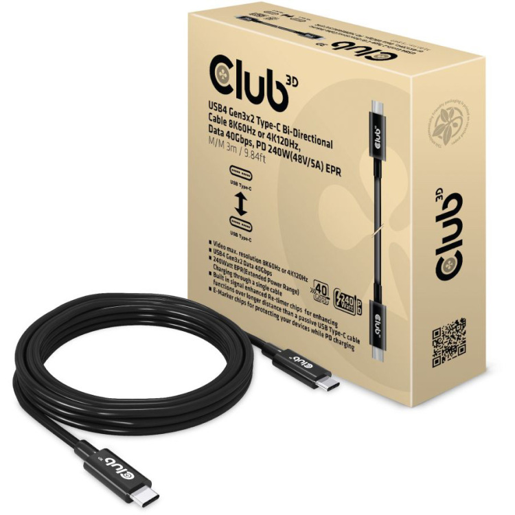 Club 3D USB4 Gen3x2 Type-C Bi-Directional kabel, 3 meter
