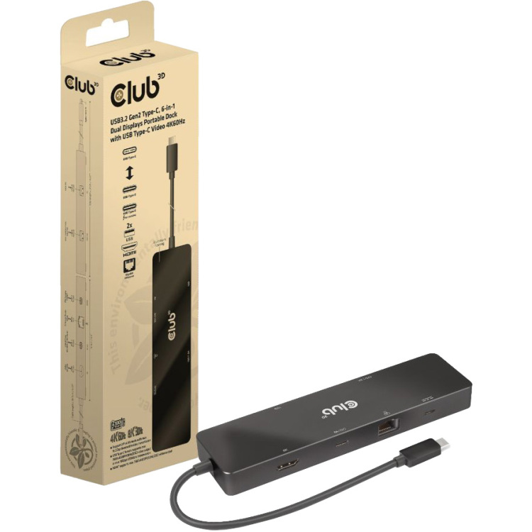 Club 3D USB-C 3.2 Gen2 6-in-1 Dual displays Portable dock dockingstation