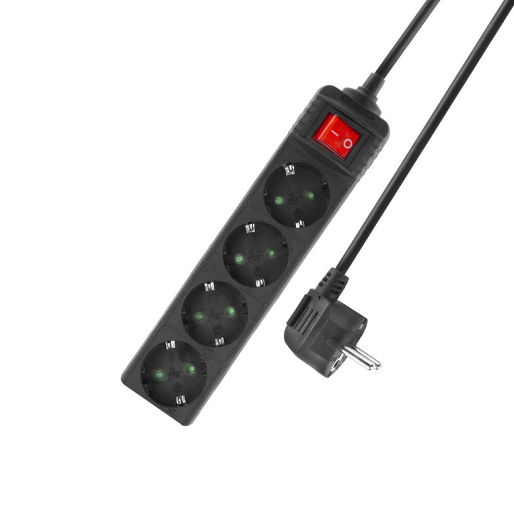 ACT Connectivity Stekkerdoos met lichtgevende schakelaar, 4 sockets, 2 m, zwart