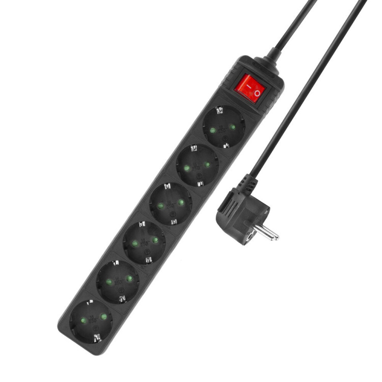 ACT Connectivity Stekkerdoos met lichtgevende schakelaar, 6 sockets, 3 m, zwart