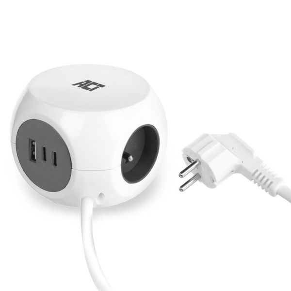 ACT Connectivity Stekkerdoos kubus met 3 stopcontacten, 30W Power Delivery USB-C/A poorten, kabellengte 1,5m