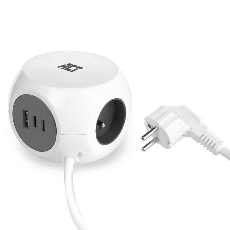 ACT Connectivity Stekkerdoos kubus met 3 stopcontacten, 30W Power Delivery USB-C/A poorten, kabellengte 1,5m