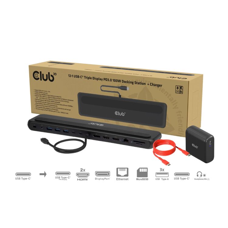 Club 3D 12-1 USB-C Triple Display PD3.0 100W Docking Station + Charger dockingstation