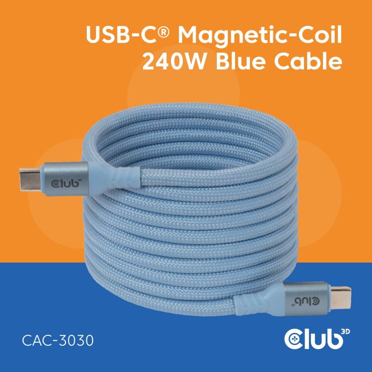 Club 3D USB-C Magnetic-Coil 240W PD3.1 Blue Cable, 2 meter kabel