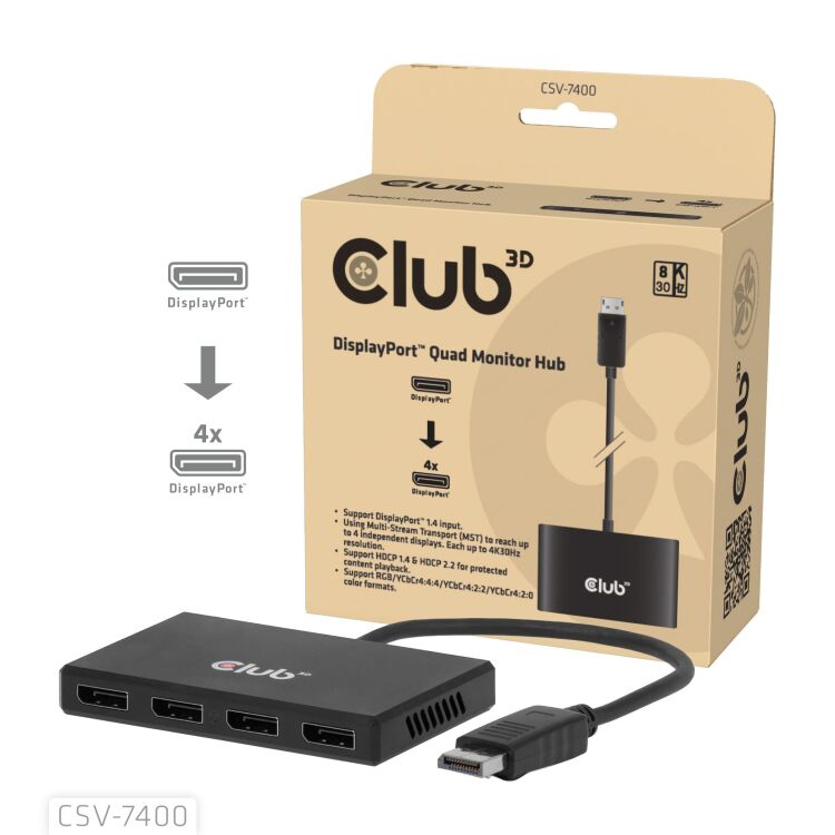 Club 3D DisplayPort Quad Monitor Hub MST 4x 4K30Hz displayport splitter