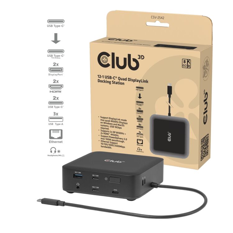 Club 3D 12-1 USB-C Quad DisplayLink Dockingstation
