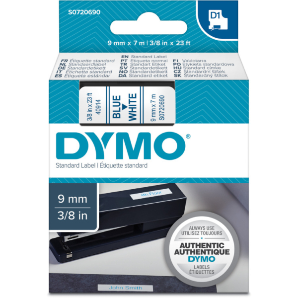 Dymo D1 standaardlabels blauw op wit, 9 mm x 7 m printlint