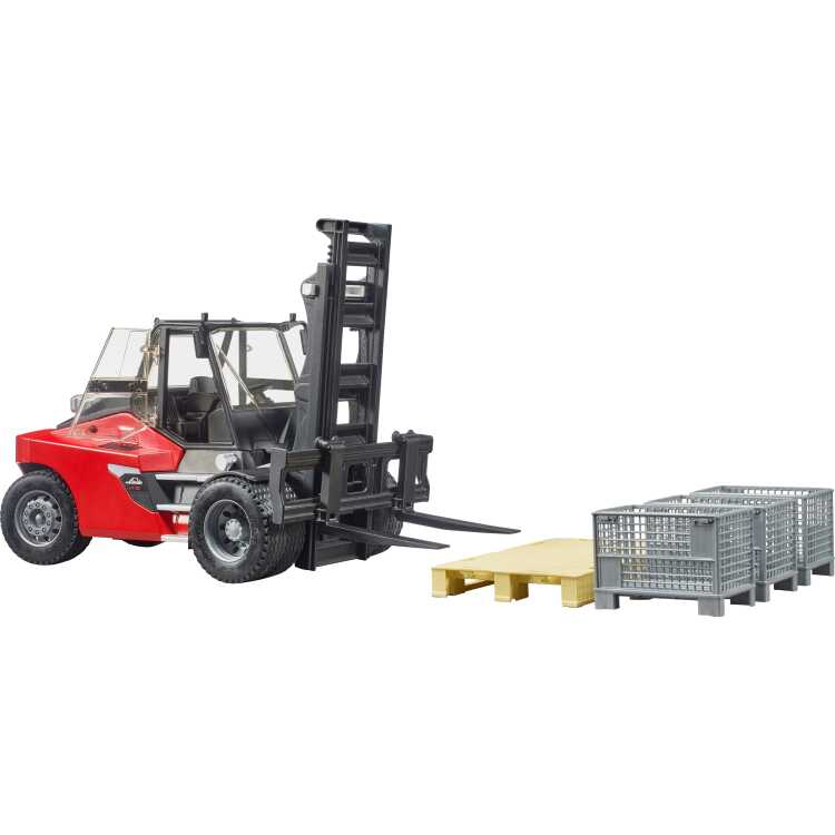 bruder Linde HT160S heftruck met pallet en 3 palletkooien modelvoertuig