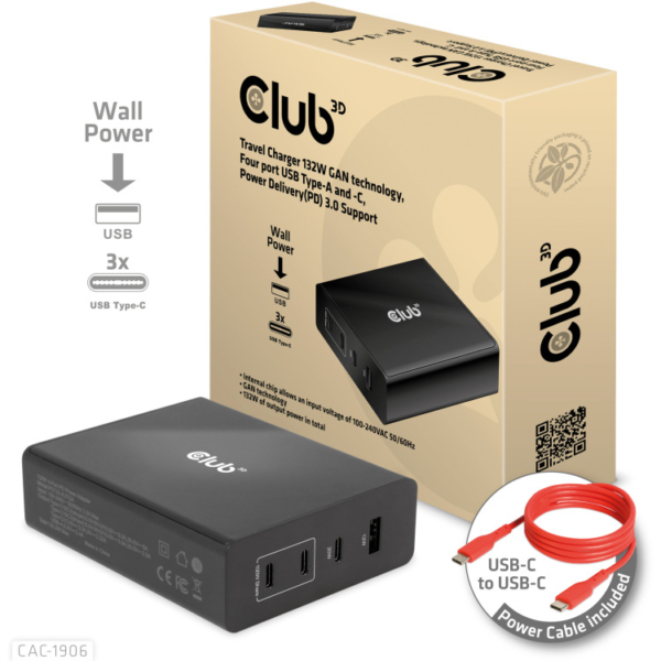 Club 3D Travel Charger 132W GAN technology, Four port USB Type-A and -C oplader