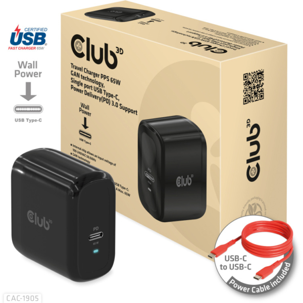 Club 3D Travel Charger PPS 65W GAN technology oplader