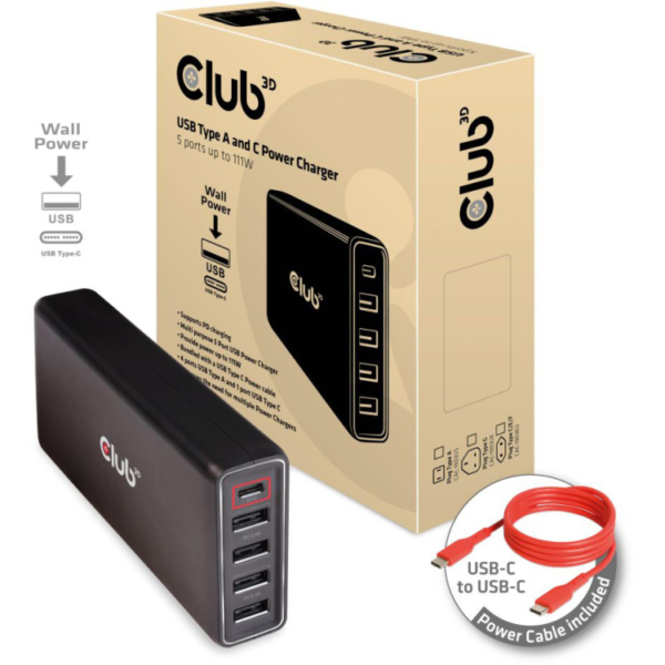 Club 3D USB Type A and C Power Charger, 5 ports up to 111W oplader