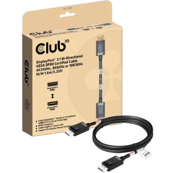 Club 3D DisplayPort 2.1 Bi-Directional VESA DP80 Certified kabel 4K 240 Hz