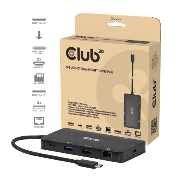 Club 3D 9-1 Dual HDMI Display USB-C Hub PD3.0 100W dockingstation