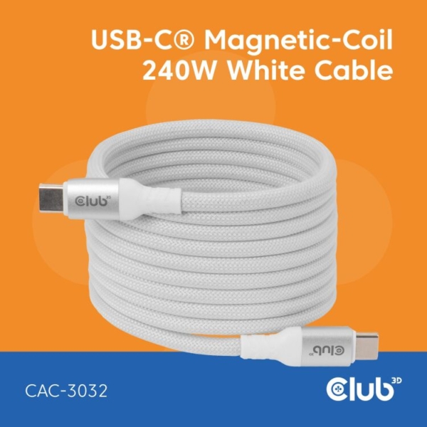 Club 3D USB-C Magnetic-Coil 240W PD3.1 White Cable, 2 meter kabel