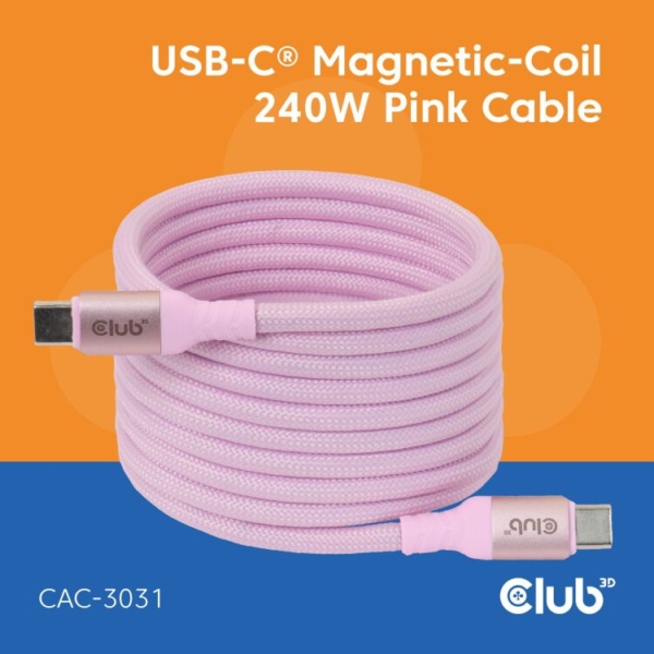 Club 3D USB-C Magnetic-Coil 240W PD3.1 Pink Cable, 2 meter kabel