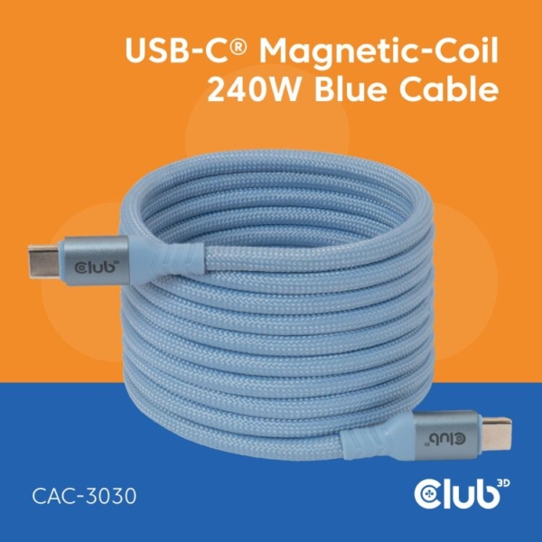Club 3D USB-C Magnetic-Coil 240W PD3.1 Blue Cable, 2 meter kabel