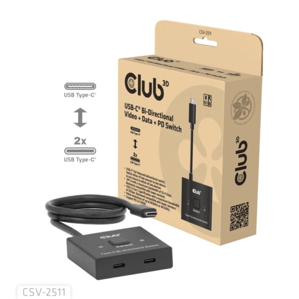 Club 3D USB-C Bi-Directional Video + Data + PD Switch usb-switch