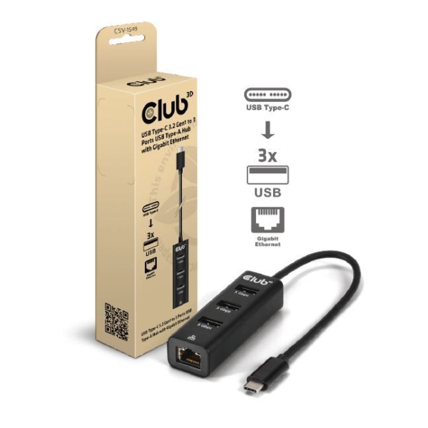 Club 3D USB-C 5 Gbps naar 3 poorten USB Type-A-hub met Gigabit Ethernet adapter