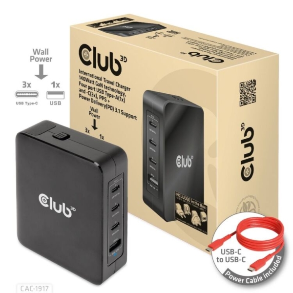 Club 3D Internationale reislader 140 Watt GaN-technologie oplader