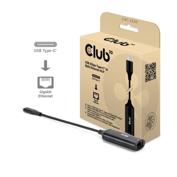 Club 3D USB-C naar RJ45 5Gbps Ethernet M/F adapter