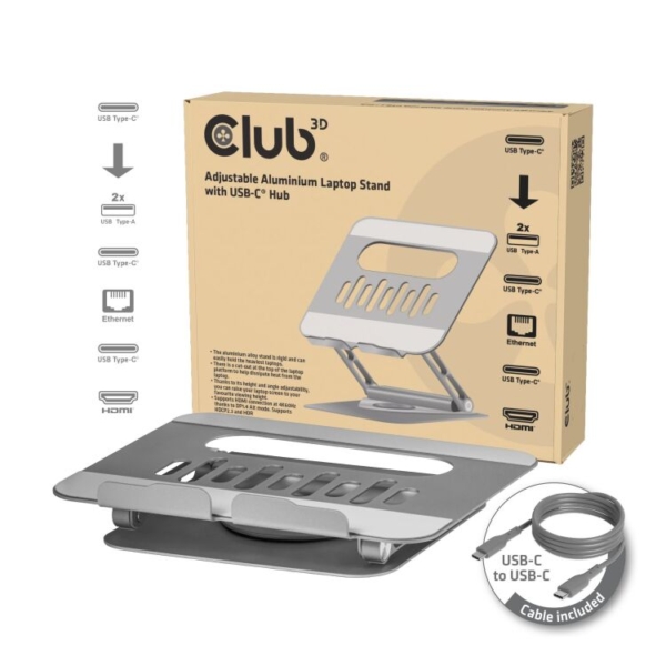 Club 3D CSV-2554 Verstelbare aluminium laptopstandaard met USB-C hub