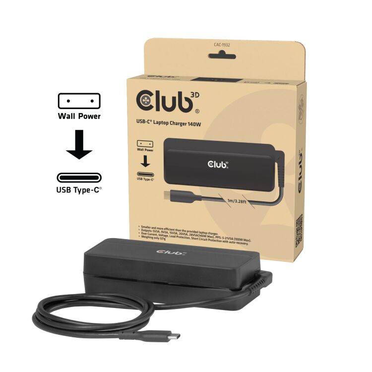 Club 3D USB-C Laptop Charger 140W, 1 meter oplader