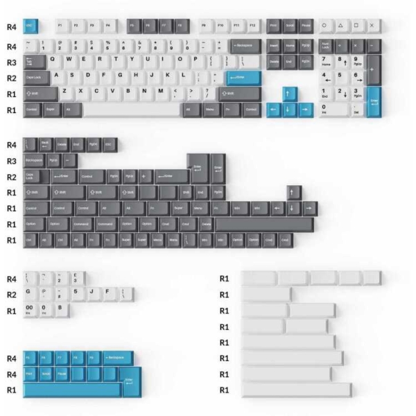 Keychron Cherry Profile Double - Shot PBT Full Set Keycaps - Grey, White, and Blue