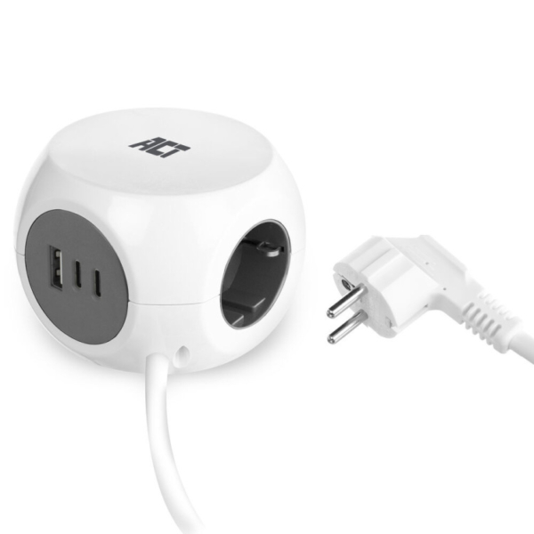 ACT Connectivity Stekkerdoos kubus met 3 stopcontacten, 30W Power Delivery USB-C/A poorten, kabellengte 1,5m